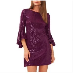 Vince Camuto Mini Dress Womens SZ S Metallic‎ Bell Sleeves Sequin NWT Plum